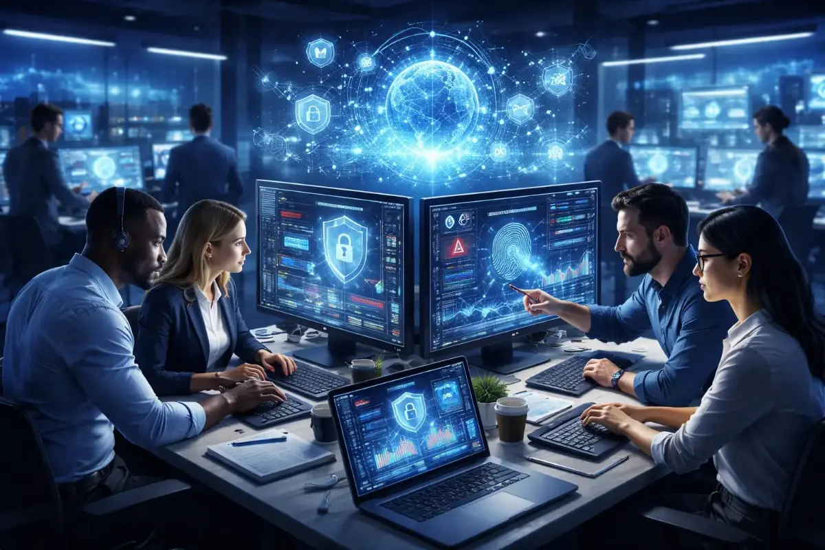 A team of security analysts monitoring a threat display