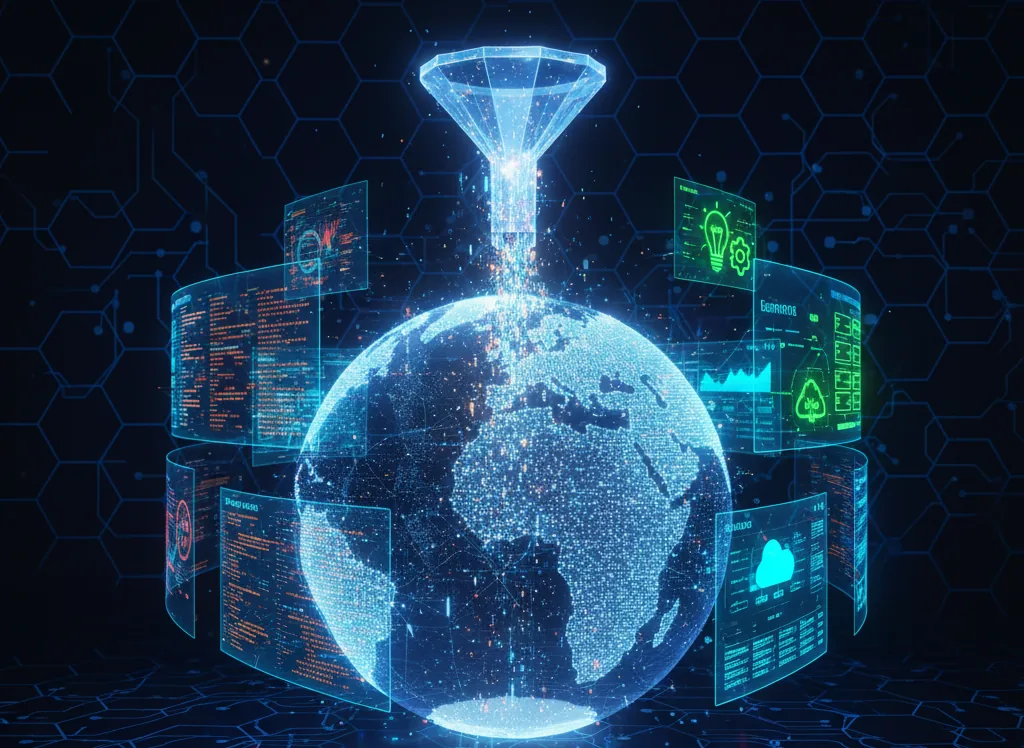 A glowing globe fed by a funnel of data streams with analytics panels around it