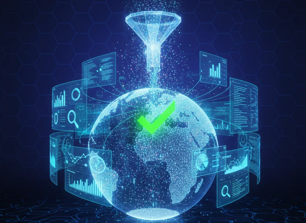 A glowing globe with a green check mark inside a stream of verified data