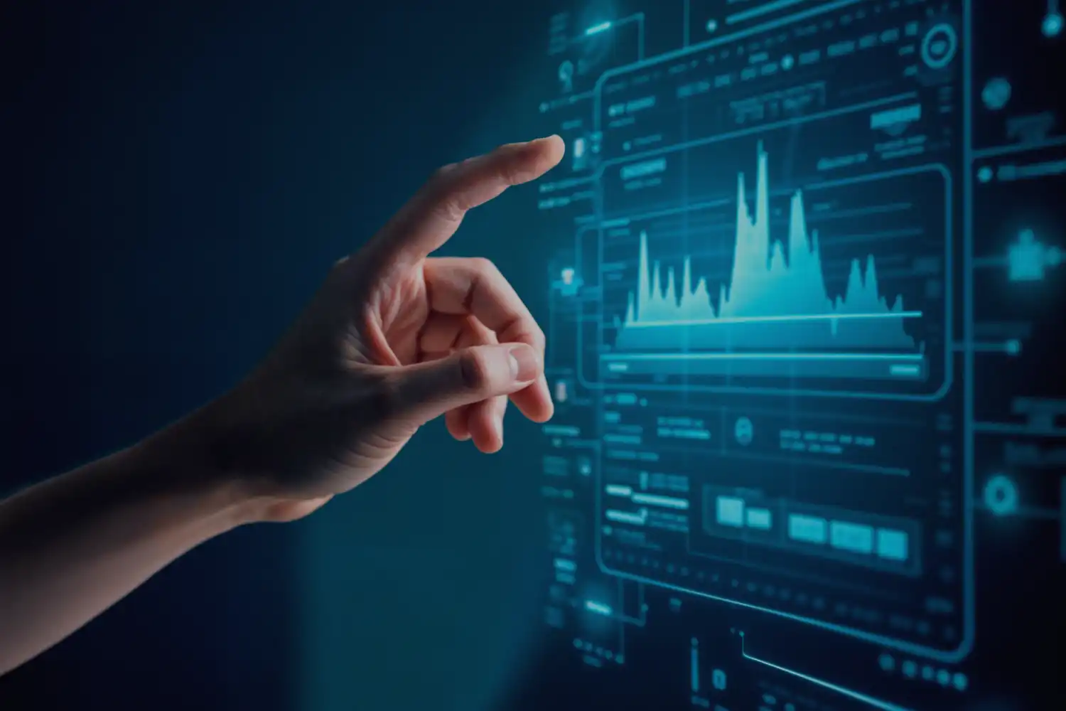 A hand reaching toward a glowing data chart on a transparent screen